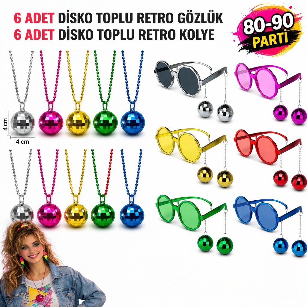 12 Parça 80-90 Retro Parti Seti Disco Toplu Gözlük ve Kolye