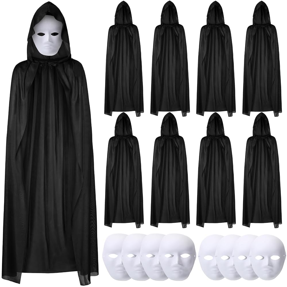 120 cm Siyah Kapüşonlu Pelerin ve Boyanabilir Karton Maske 8’li Set