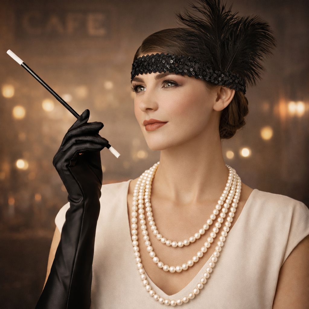 1920’ler Çarliston Aksesuar Seti – İnci Kolye, Eldiven, Sigara Tutucu, Siyah Saç Bandı