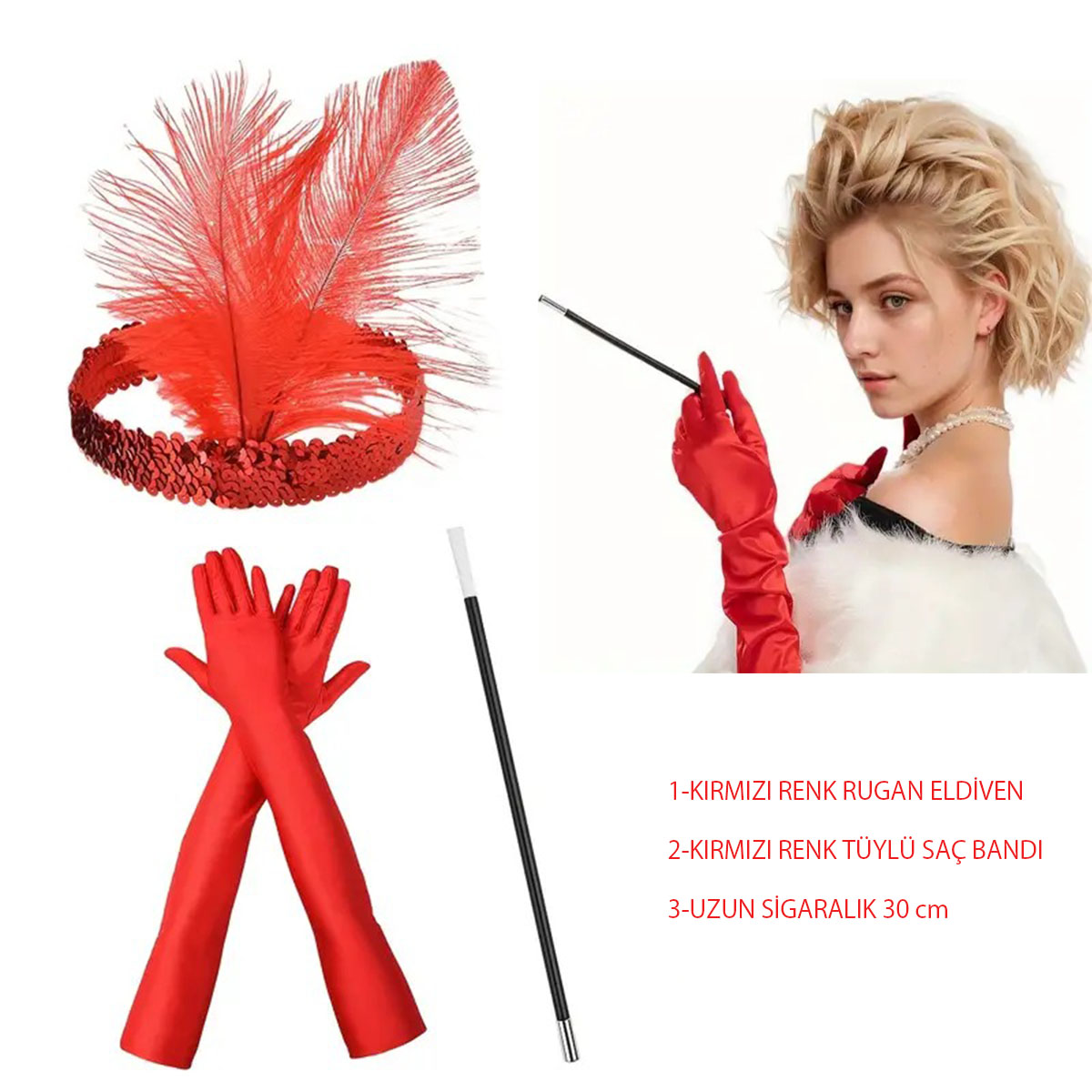 1920’ler Tarzı Kırmızı Tüylü Saç Bandı, Kırmızı Rugan Eldiven ve Sigaralık Seti