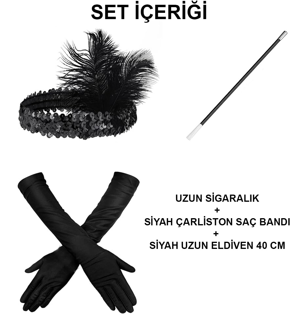 1920'ler Gatsby Aksesuar Seti – Siyah Charleston Saç Bandı, Uzun Eldiven & Sigaralık