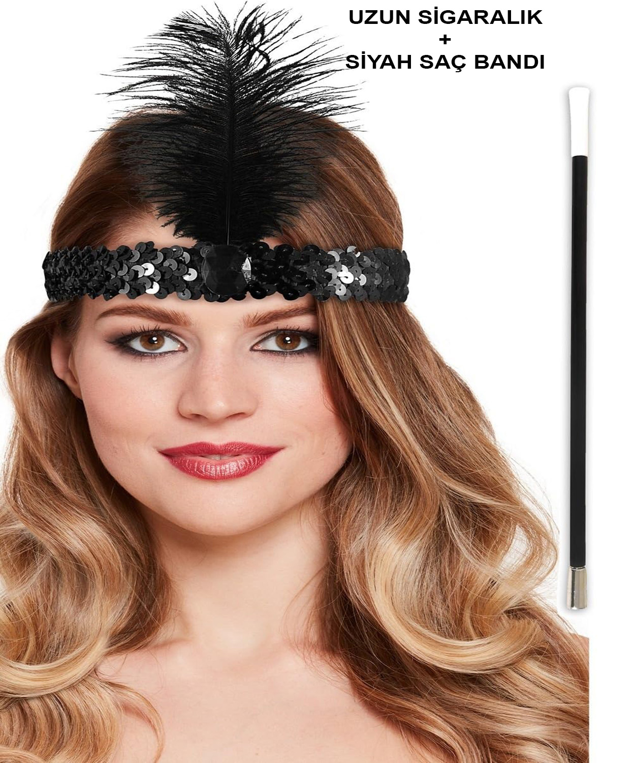 1920'ler Gatsby Aksesuar Seti – Siyah Charleston Saç Bandı & Sigaralık