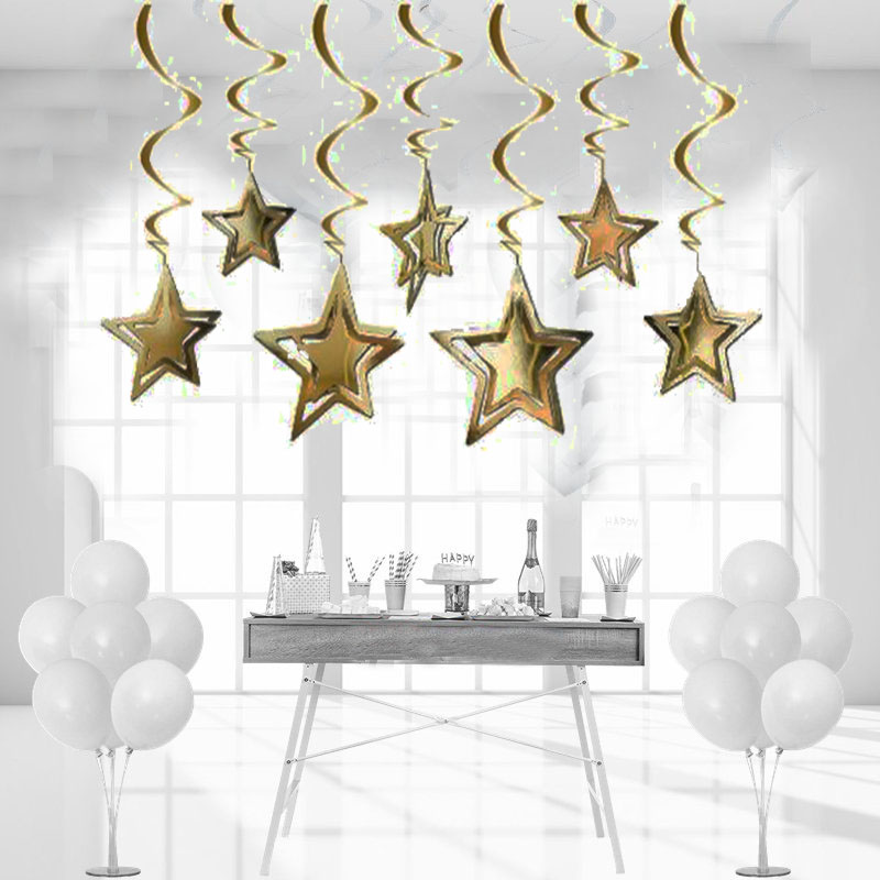 3 Boyutlu Spiralli Altın Renk Yıldız Şekilli Tavan Asma Süsü 10 Adet