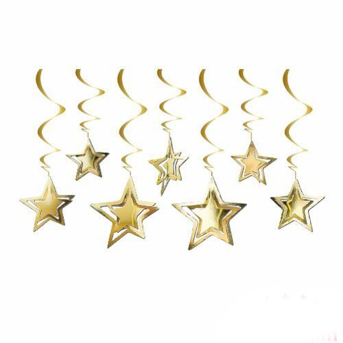 3 Boyutlu Spiralli Altın Renk Yıldız Şekilli Tavan Asma Süsü 10 Adet