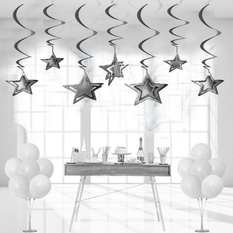 3 Boyutlu Spiralli Gümüş Renk Yıldız Şekilli Tavan Asma Süsü 10 Adet