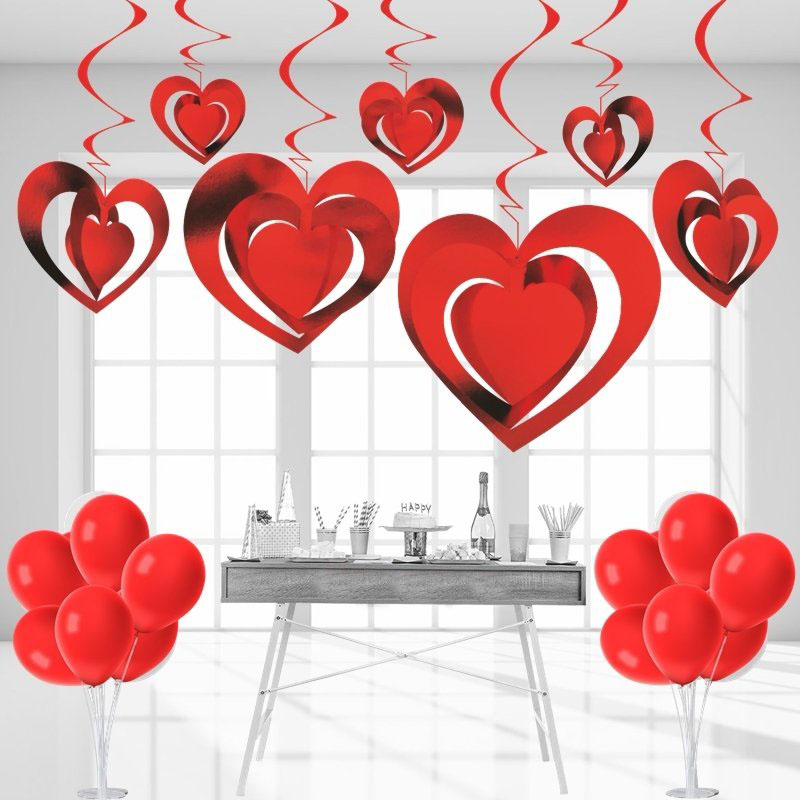 3 Boyutlu Spiralli Kırmızı Renk Kalp Şekilli Tavan Asma Süsü 12 Adet 