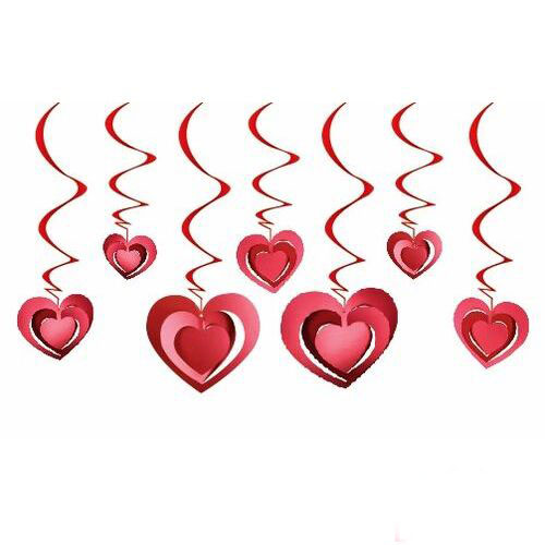 3 Boyutlu Spiralli Kırmızı Renk Kalp Şekilli Tavan Asma Süsü 12 Adet 