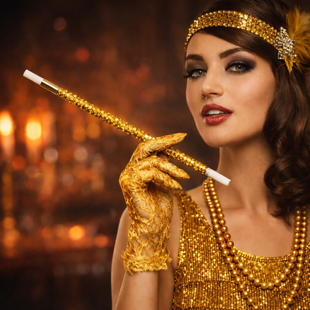 30 cm Altın Gold Payetli Sigara Tutacağı – 1920’ler Gatsby Parti Aksesuarı