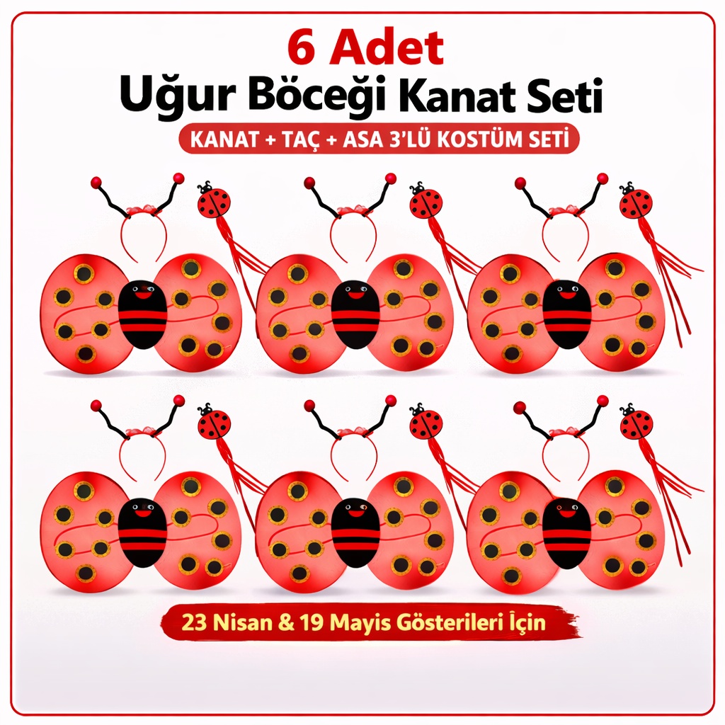 6'lı Uğur Böceği Ateş Böceği Kostüm Seti – Kanat Taç Asa