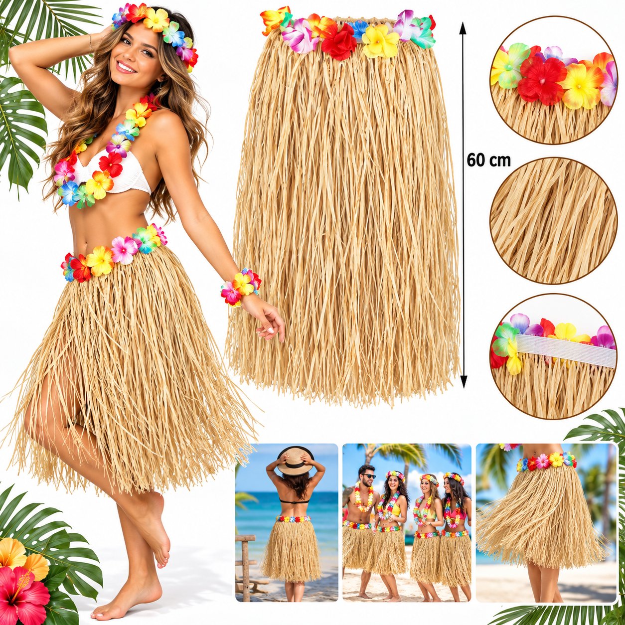 60 cm Naturel Saman Görünümlü Hawaii Etek Hula
