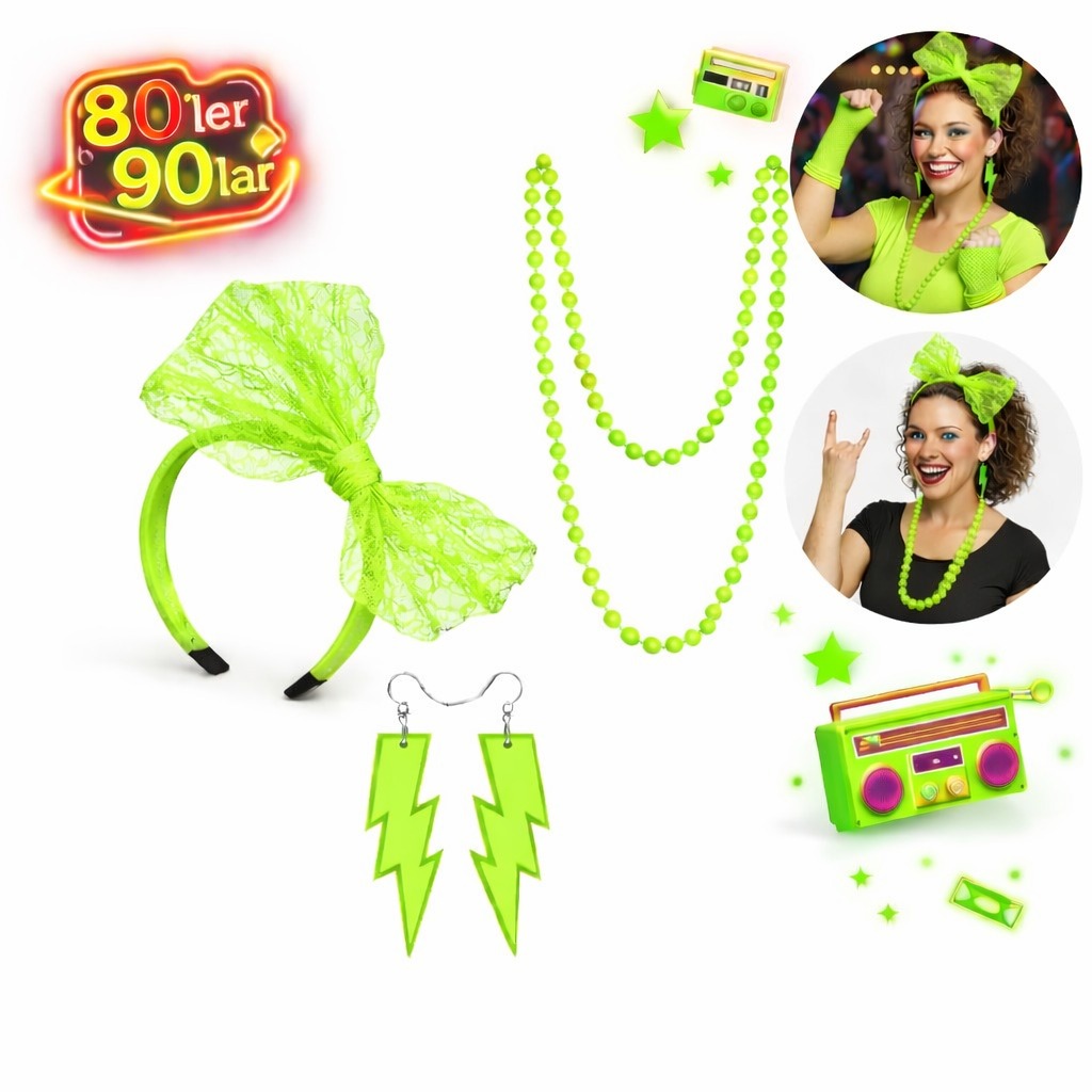 80’ler 90’lar Neon Yeşil Parti Seti – Kolye Küpe Taç