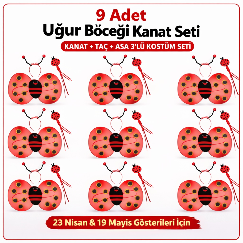 9’lu Uğur Böceği Kostüm Seti – Kanat Taç Asa