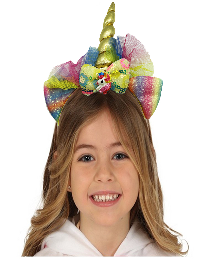 Altın Renk Boynuzlu Payetli Fiyonklu Unicorn Tacı 17x27 cm