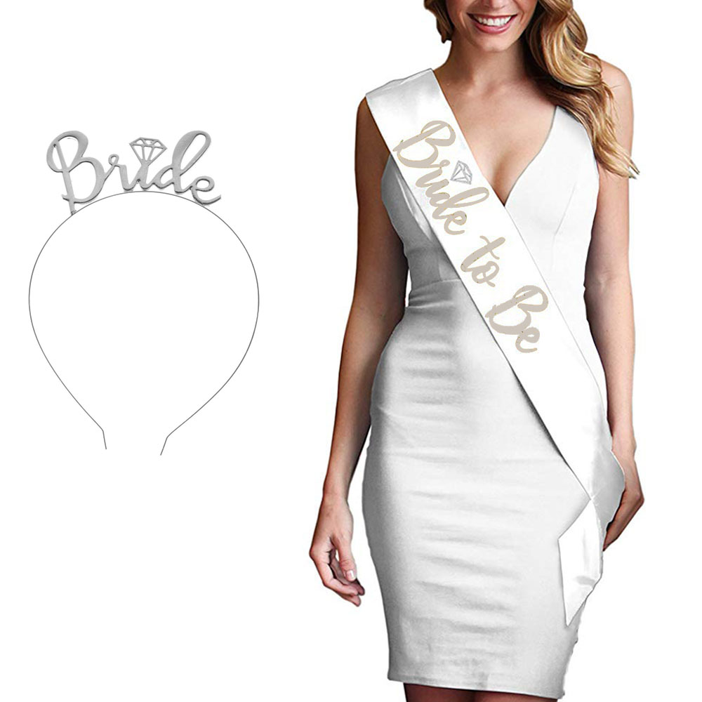 Beyaz Üzeri Gümüş Bride To Be İthal Kuşak - Gümüş Renk Metal Bride Taç