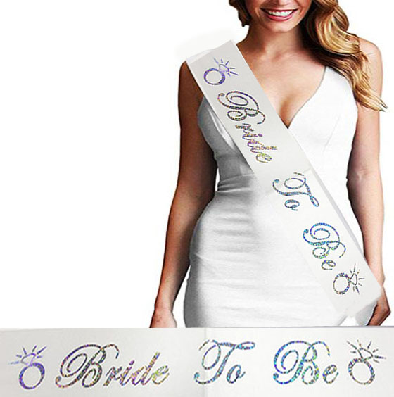Bride To Be Saten Kuşak Beyaz Üzeri Hologramlı Metalize Gümüş Yazılı 160x9.5 cm