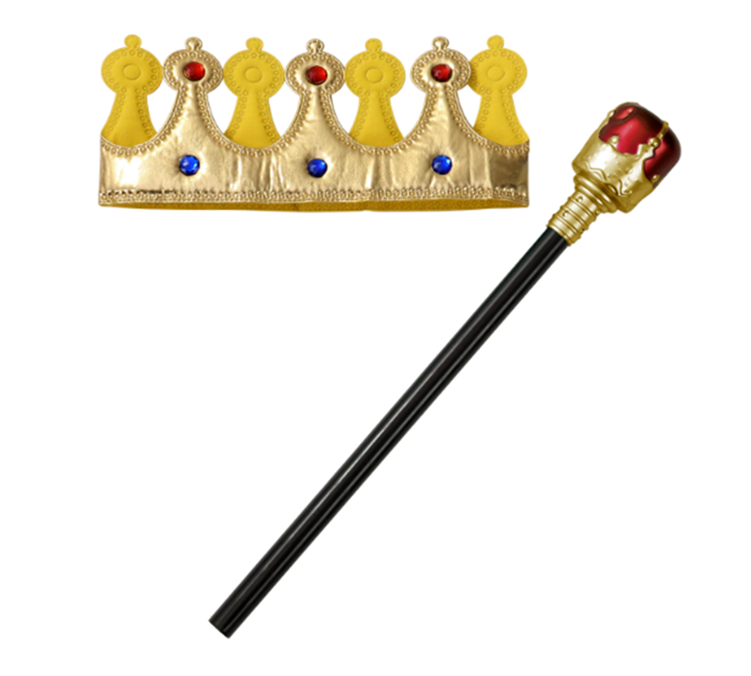 Çocuk Boy Altın Renk Kumaş Kral Tacı ve Kırmızı Topuzlu Kraliyet Asası