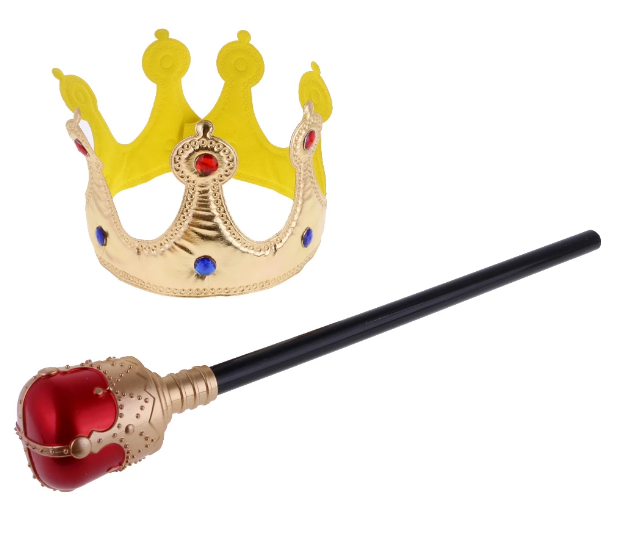 Çocuk Boy Altın Renk Kumaş Kral Tacı ve Kırmızı Topuzlu Kraliyet Asası