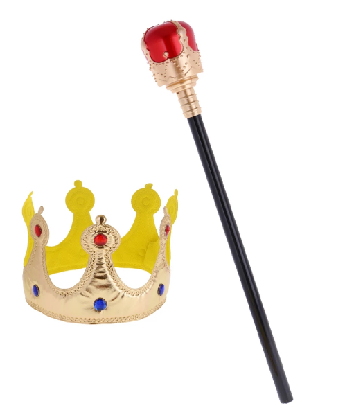 Çocuk Boy Altın Renk Kumaş Kral Tacı ve Kırmızı Topuzlu Kraliyet Asası