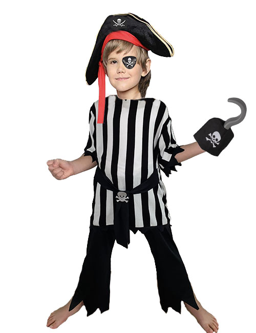 Çocuk Korsan Kostümü + Kadife Şapka + Maske + Kanca Full Set