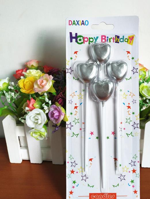 Çubuklu Metalize Kalp Mum Doğum Günü Mumu Gümüş