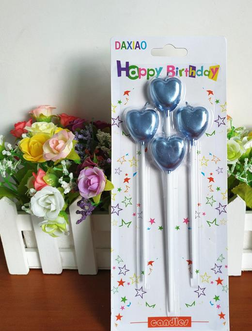 Çubuklu Metalize Kalp Mum Doğum Günü Mumu Mavi 4 Adet