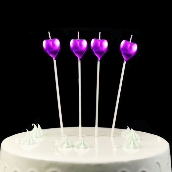 Çubuklu Metalize Kalp Mum Doğum Günü Mumu Mor 4 Adet