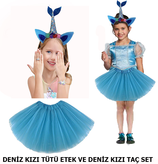 Deniz Kızı Mavi Tütü Etek ve Mavi Kuyruklu Deniz Kızı Taç Seti