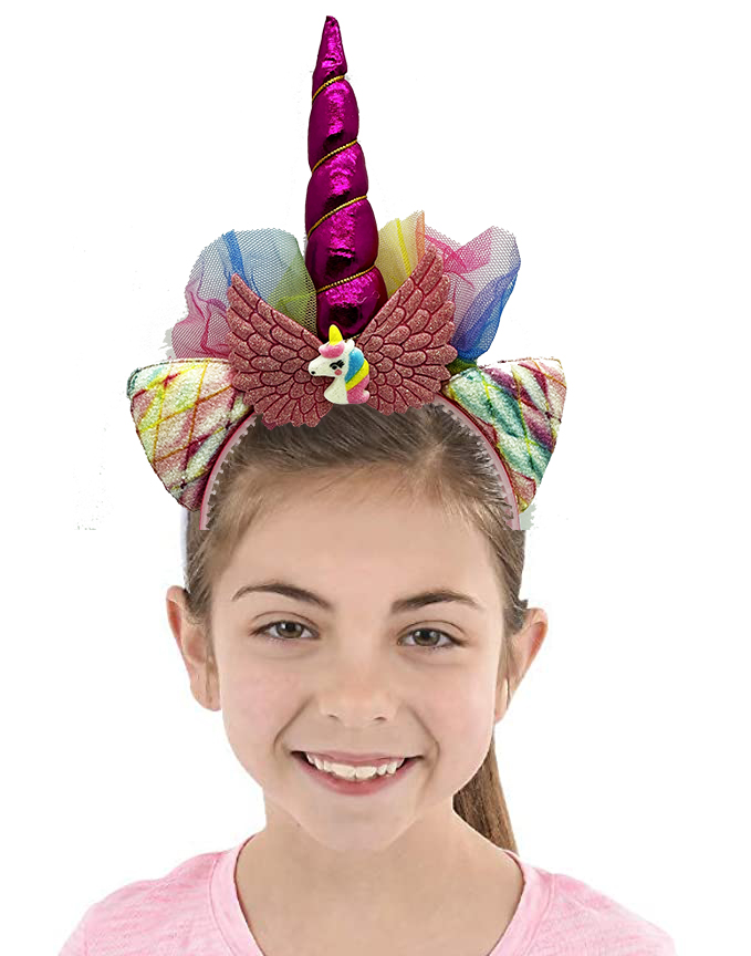 Fuşya Boynuzlu Tüllü Kanatlı Unicorn Tacı 17x27 cm