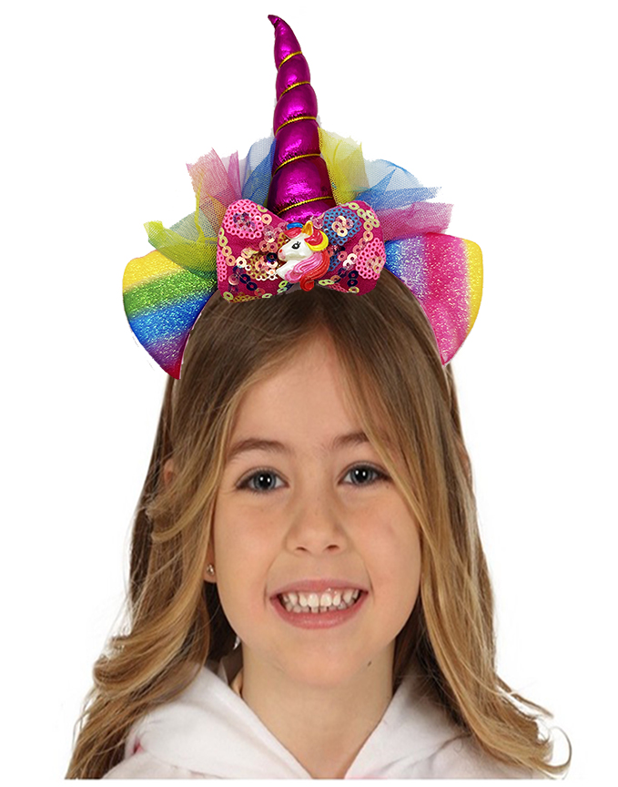 Fuşya Renk Boynuzlu Payetli Fiyonklu Unicorn Tacı 17x27 cm