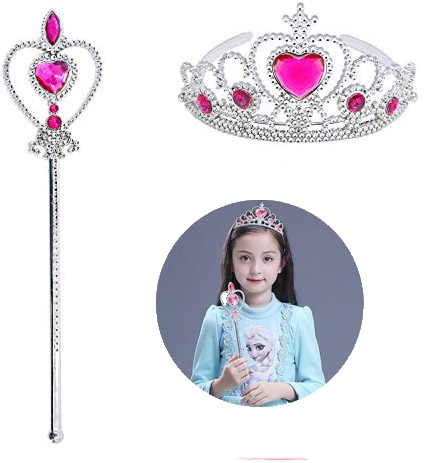 Fuşya Renk Kalpli Elsa Prenses Tacı ve Prenses Asası Çocuk Boy