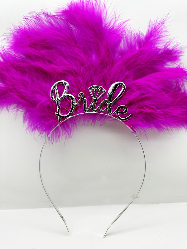 Fuşya Renk Tüylü İthal Gümüş Renk Bride Gelin Tacı 25x20 cm