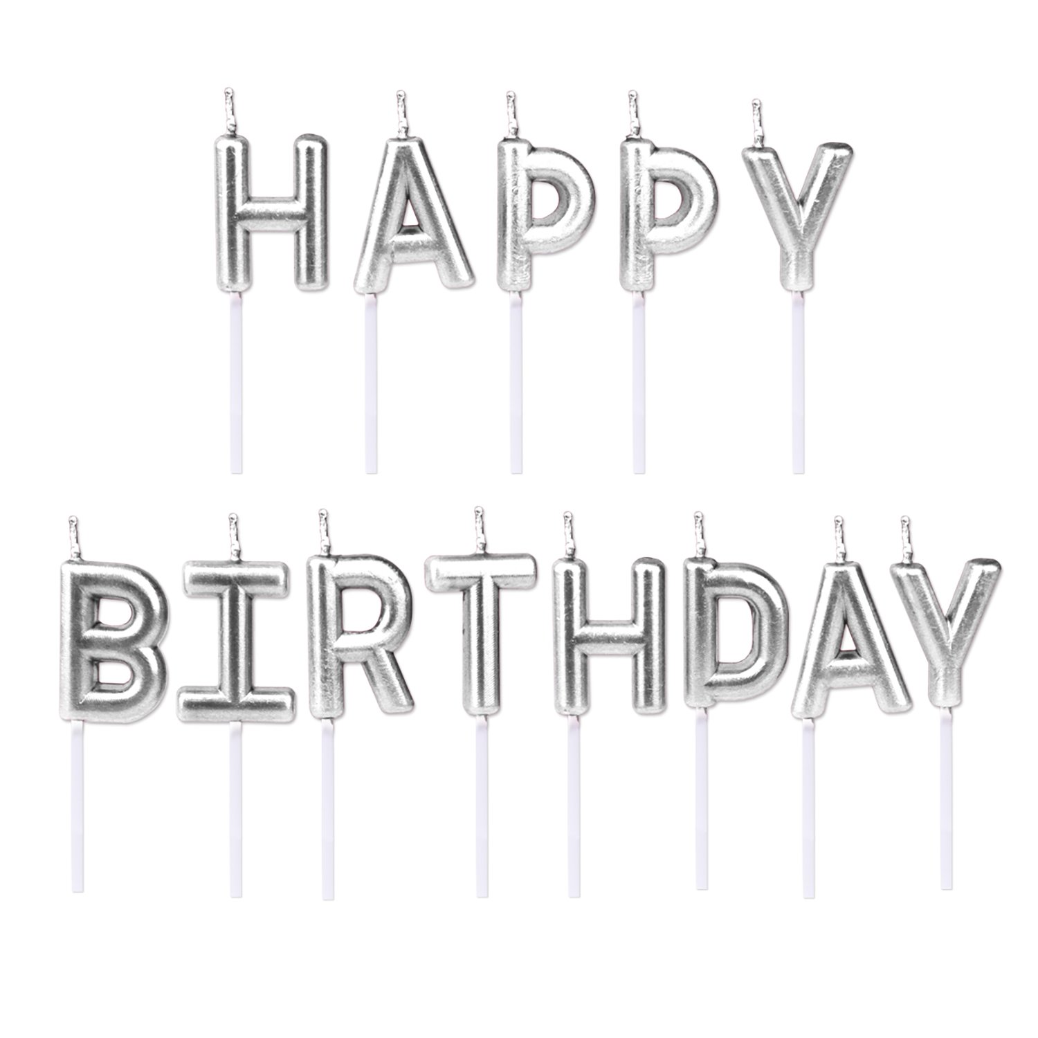 Gümüş Renk Happy Birthday Yazılabilen Parti Mumu