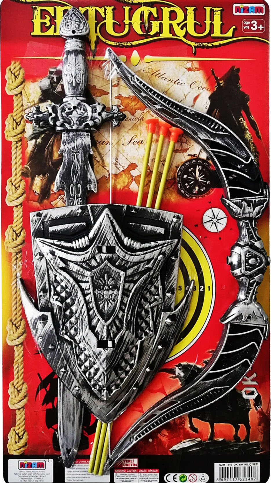 Gümüş Renk Plastik Lüks Kılıç Ok Yay ve Kalkan Seti 