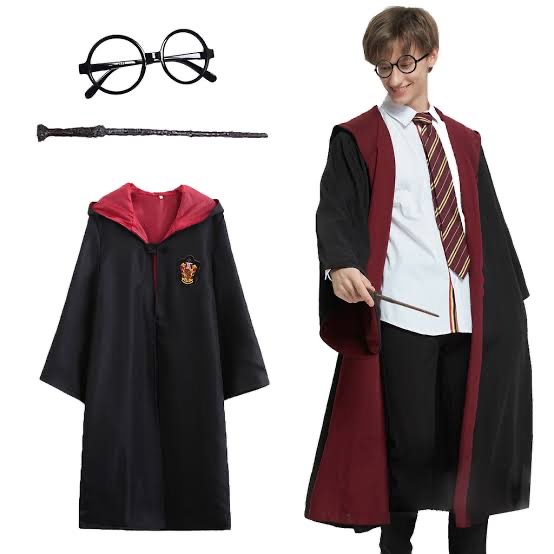 Harry Potter Gryffindor Kapişonlu Çocuk Kostüm + Asa + Gözlük 3 Parça Set