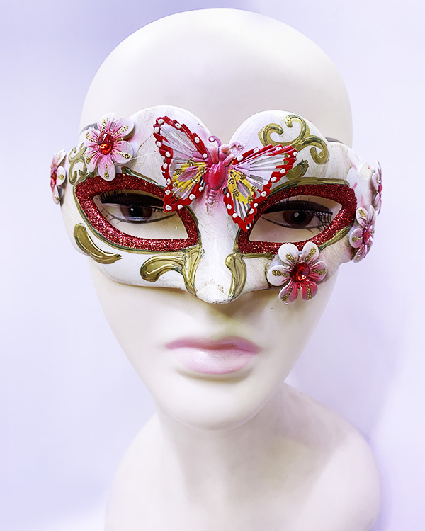 Kelebek İşlemeli Masquerade Venedik Maskesi Kırmızı Renk 7x16 cm