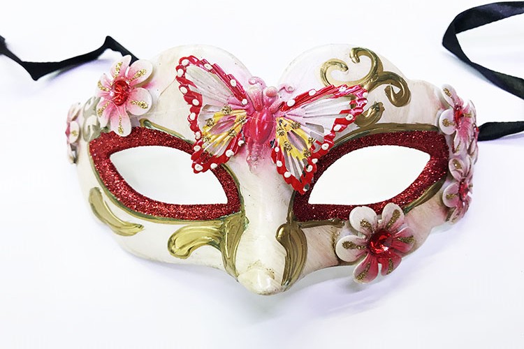 Kelebek İşlemeli Masquerade Venedik Maskesi Kırmızı Renk 7x16 cm