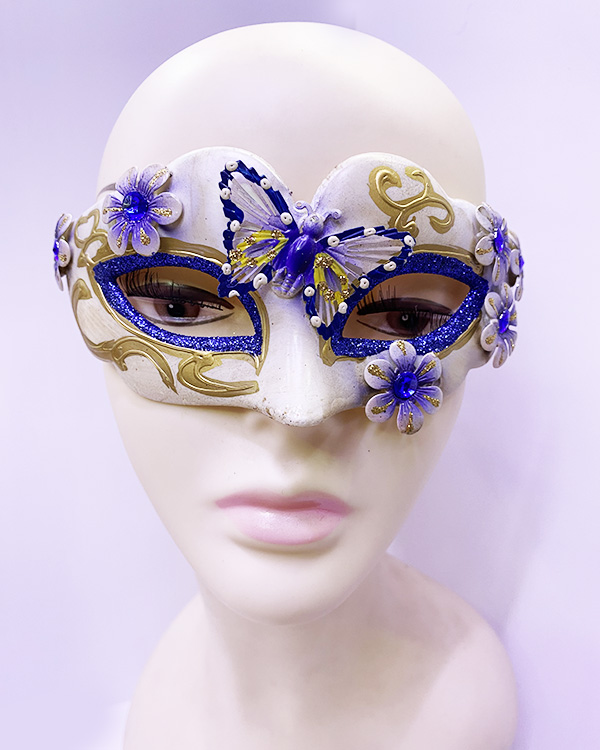 Kelebek İşlemeli Masquerade Venedik Maskesi Mavi Renk 7x16 cm