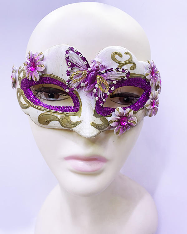 Kelebek İşlemeli Masquerade Venedik Maskesi Mor Renk 7x16 cm