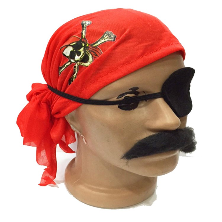 Kırmızı Korsan Bandana + Korsan Göz Bandı + Korsan Kırçıllı Bıyık Seti