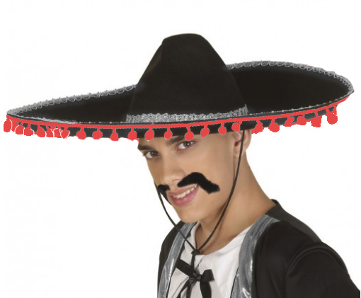 Kırmızı Ponponlu Gümüş Şeritli Mariachi Jalisco Meksika Şapka Yetişkin Boy