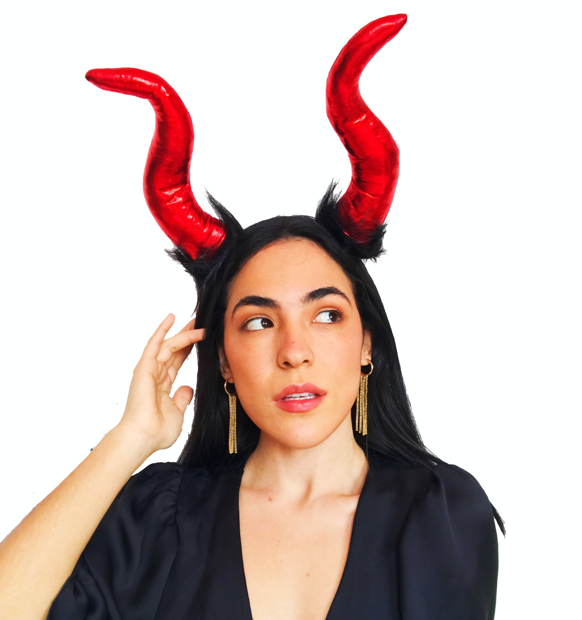 Kırmızı Renk Mega Boy Siyah Tüylü Saten Kaplama Boynuzlu Malefiz Tacı 30x28 cm