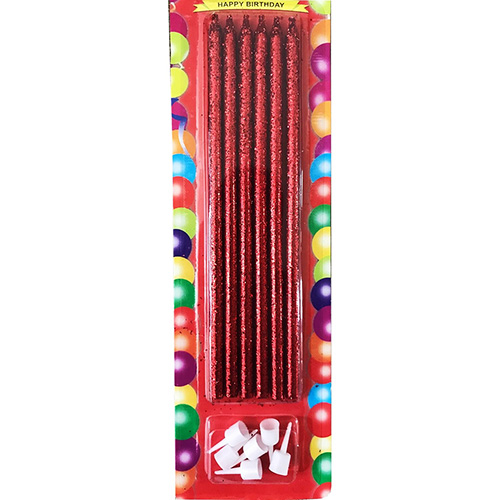 Kırmızı Simli Pasta Mumu 6 Adet 16 cm