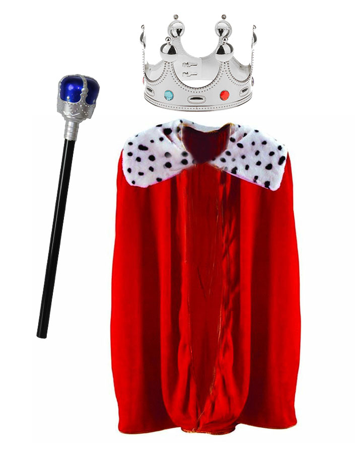 Kral Pelerini Çocuk 90 cm + Kral Taç Gümüş + Kral Asası Çocuk Boy