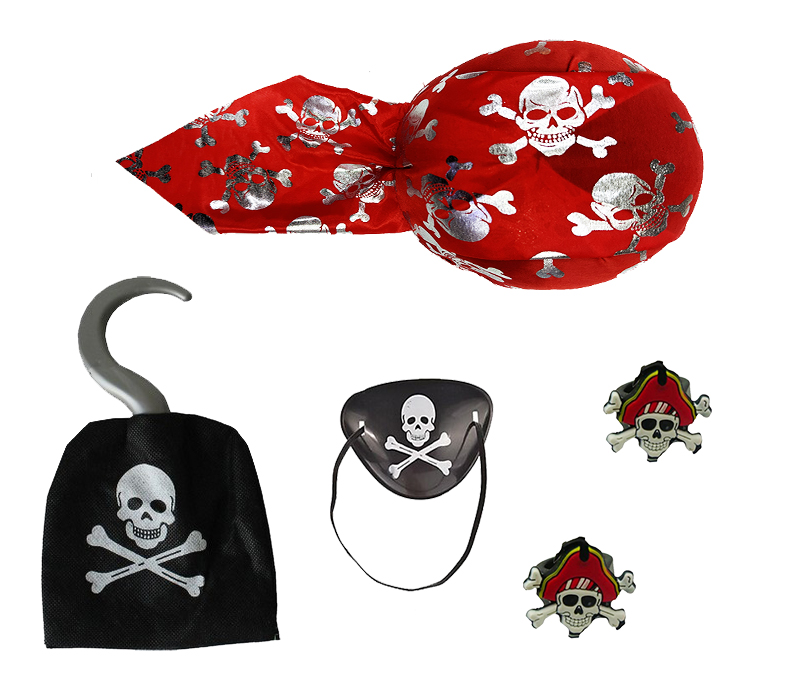 Kuru Kafa Baskılı Tas Korsan Şapkası Kancası Göz Maskesi ve 2 Adet Yüzük Korsan Parti Seti Çocuk Boy