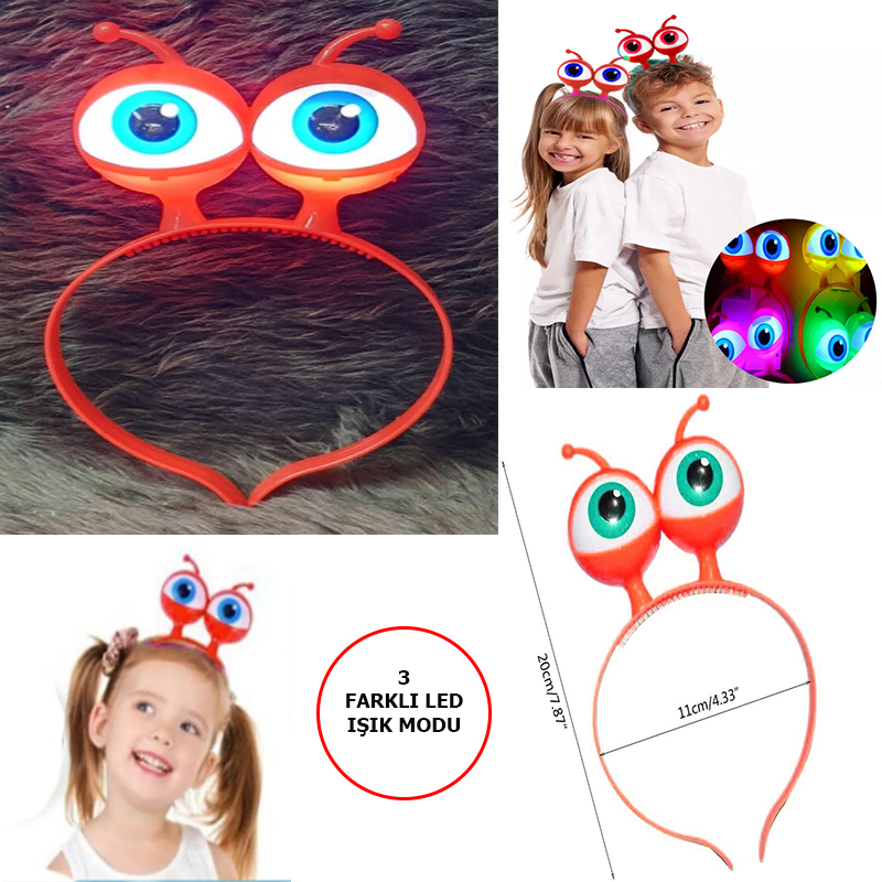 Led Işıklı & Pilli 3 Farklı Modda Yanan Uzaylı Göz Parti Tacı Kırmızı Renk 18x12 cm