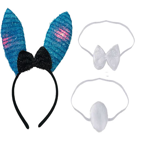 Led Işıklı Mavi Kulaklı Tavşan Tacı Beyaz Papyonu ve Ponpon Seti 3 Parça