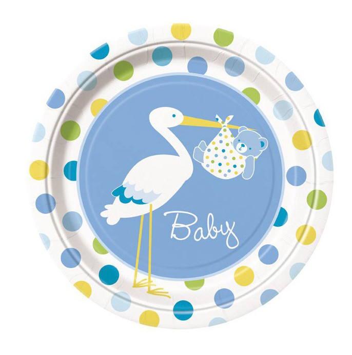 Leylek Temalı Mavi Renk Erkek Baby Boy Stork Baby Shower Parti Tabağı 8 Adet