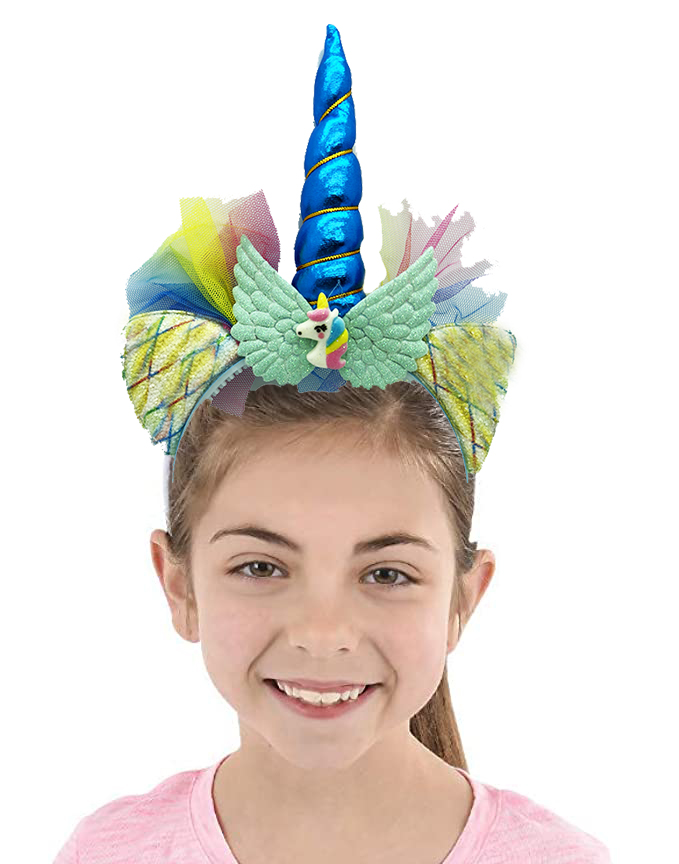 Mavi Boynuzlu Tüllü Kanatlı Unicorn Tacı 17x27 cm