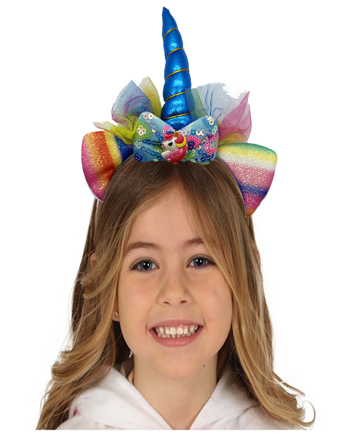 Mavi Renk Boynuzlu Payetli Fiyonklu Unicorn Tacı 17x27 cm