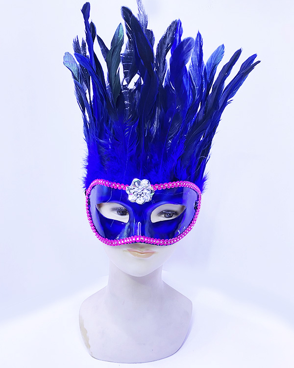 Mavi Renk Ekstra Bol Kuş Tüylü Pembe Dantelli Venedik Maskesi 30x19 cm